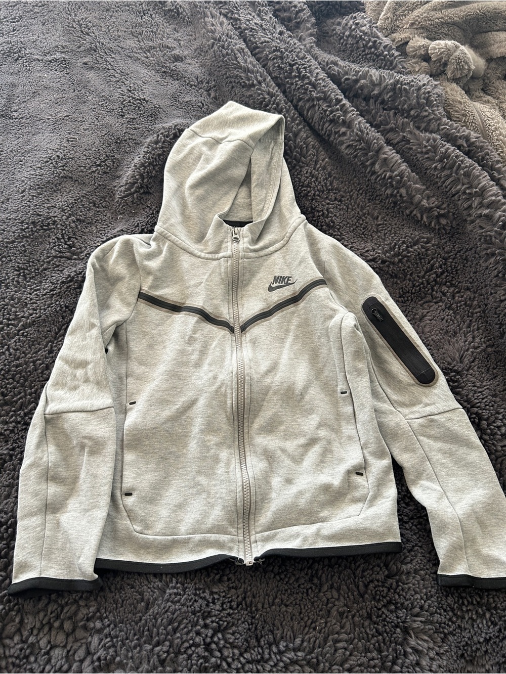 Kids Nike tech Light Gray Full-Zip Hooded Sweatshirt with Black Accents